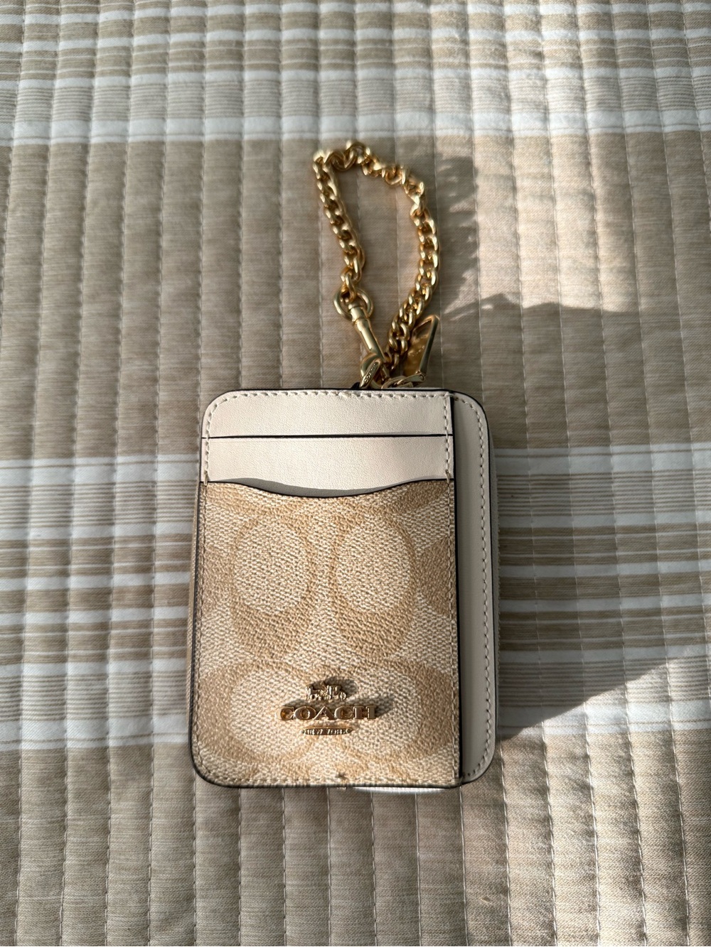 Coach Beige Signature Card Holder with Gold Chain Keyring